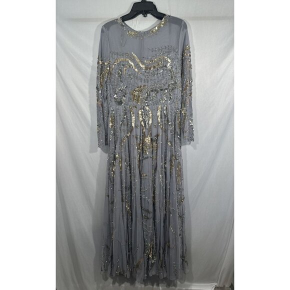 NWT $798 Mac Duggal [ 14 ] Long Sleeve Embellished Illusion Gown‎ Platinum Gold - Picture 8 of 15